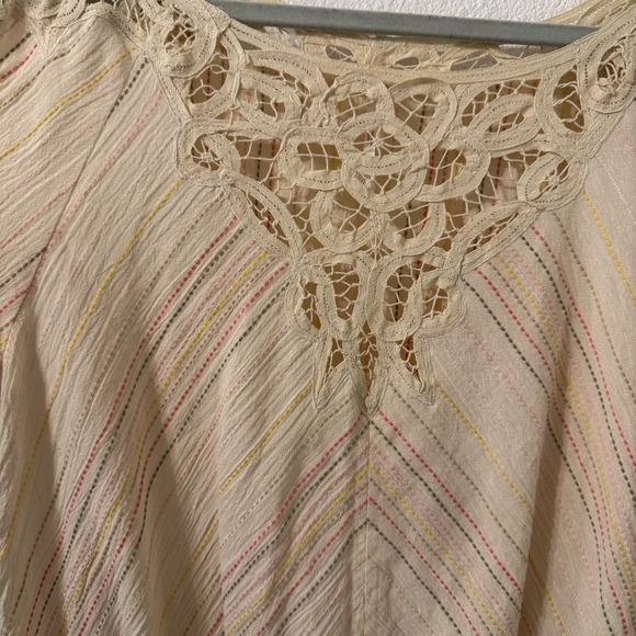 Free People Crochet Lace Peasant Blouse Cream Striped Cotton Smocked Top Large - Picture 5 of 6